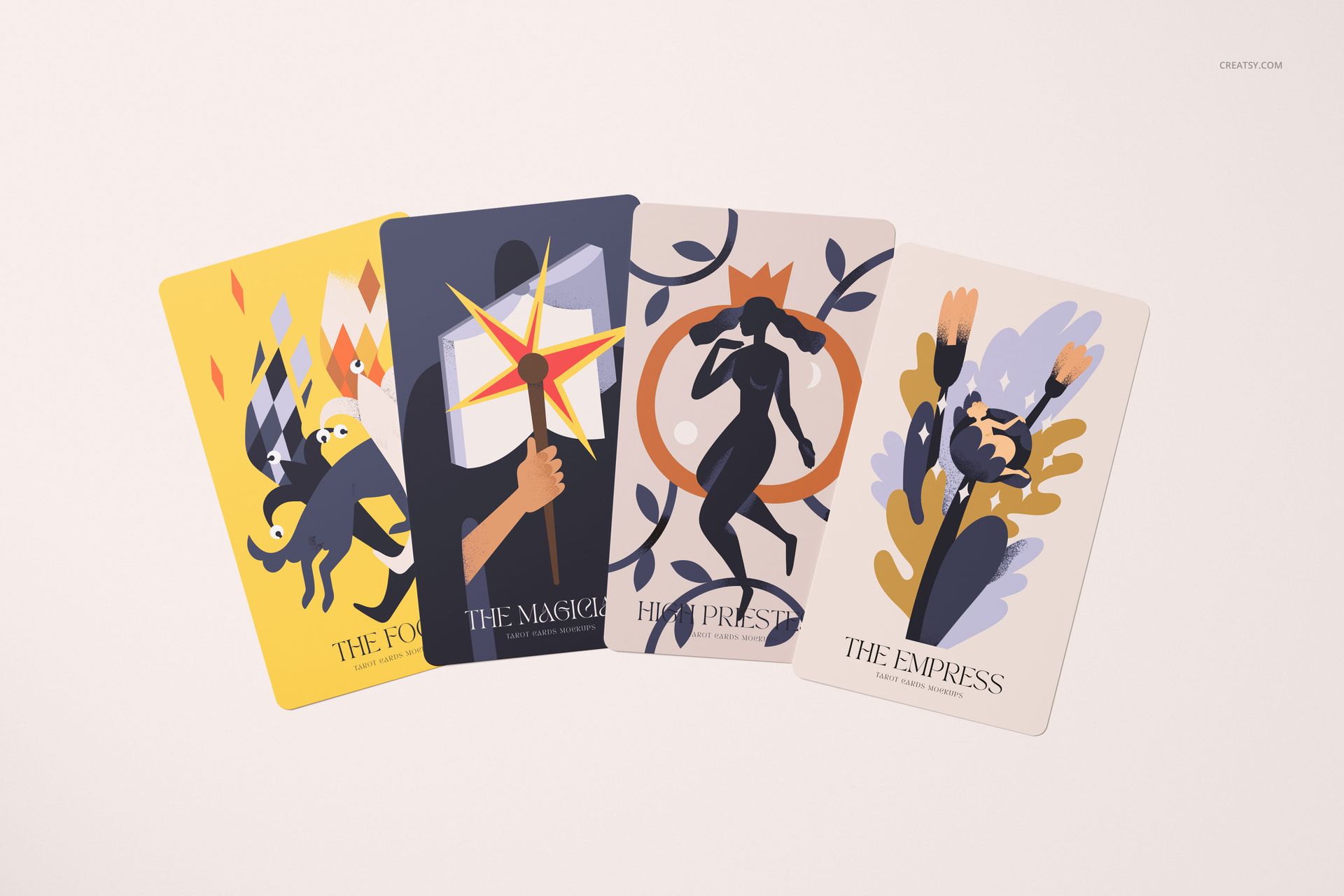 Set of four tarot card mockups featuring modern, colorful designs displayed in a row on a pale surface, top view.