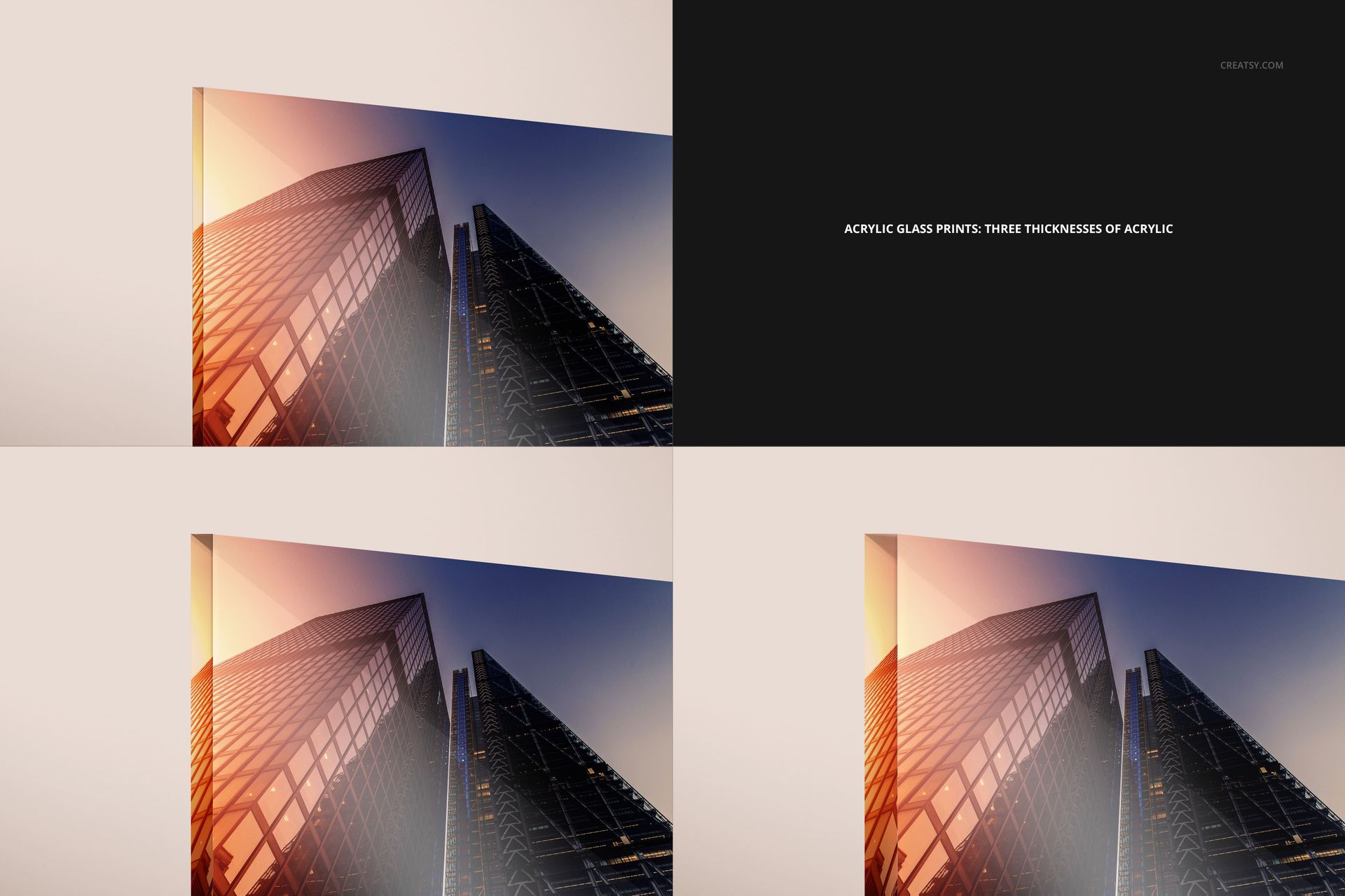 Close-up view of acrylic and aluminum print mockups featuring a city skyscraper at sunset, shown from an angle.
