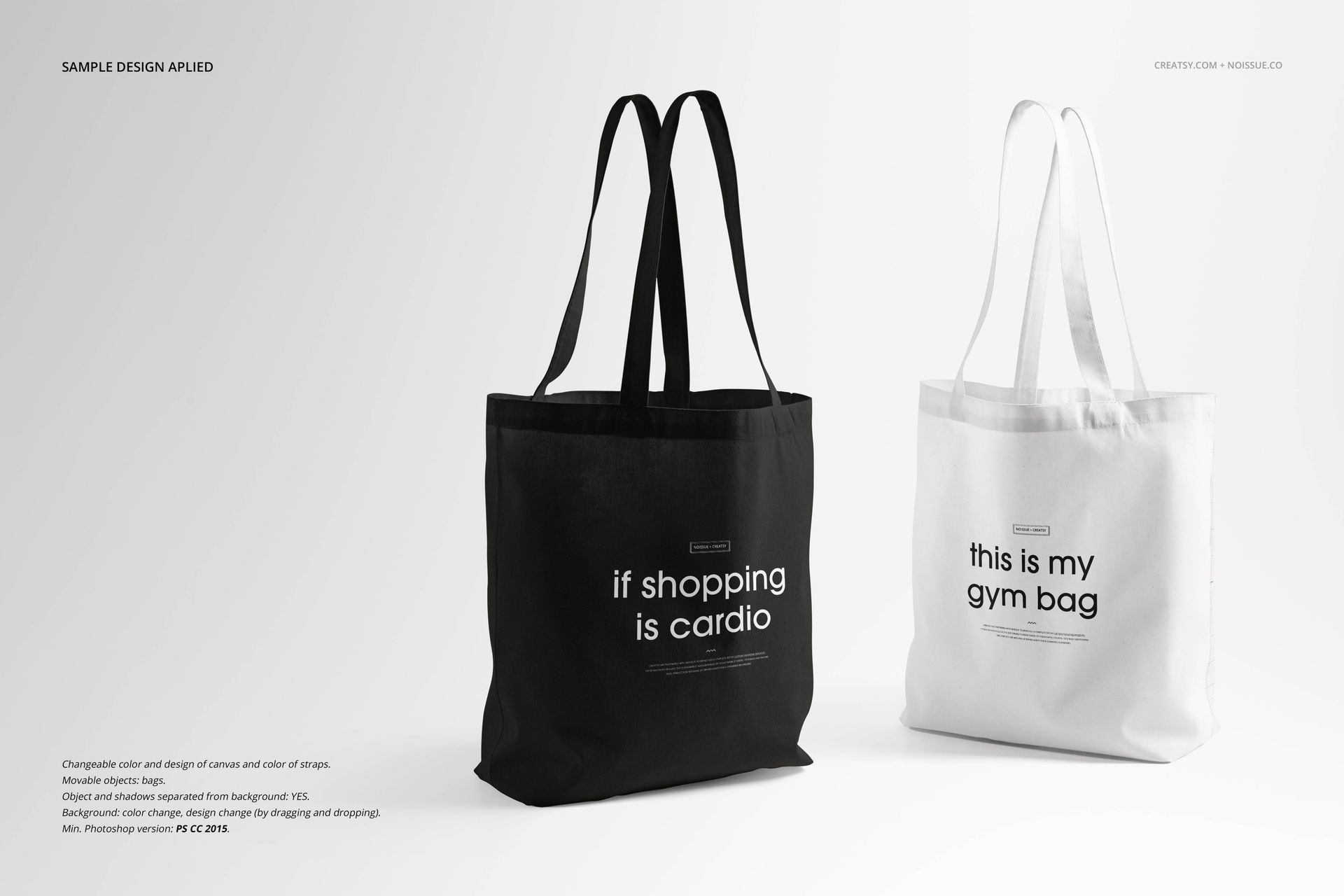 Front view of a black and a white tote bag mockup with handles, featuring bold text designs on a plain background.