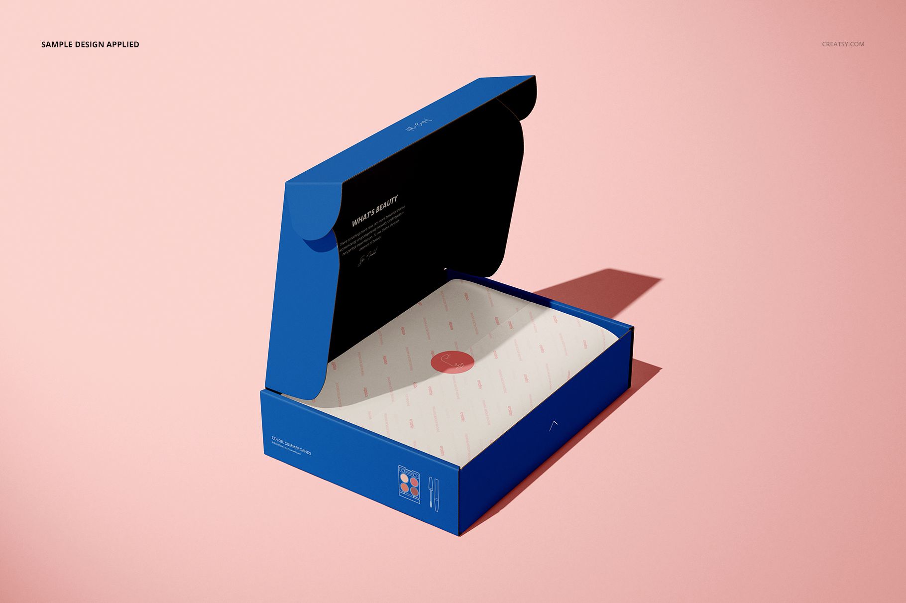 Open blue mailing box mockup on a pink background, featuring white tissue paper with subtle design inside.