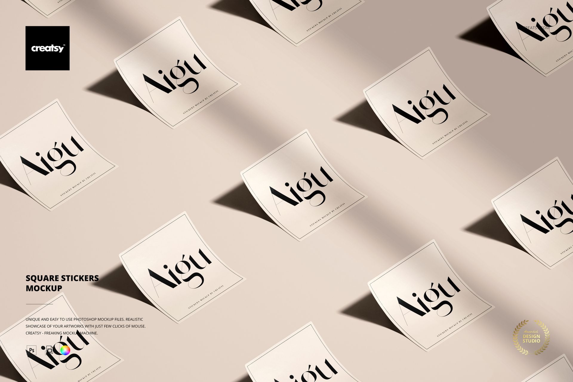Multiple square stickers featuring simple black lettering scattered across a neutral background in a PSD mockup scene.
