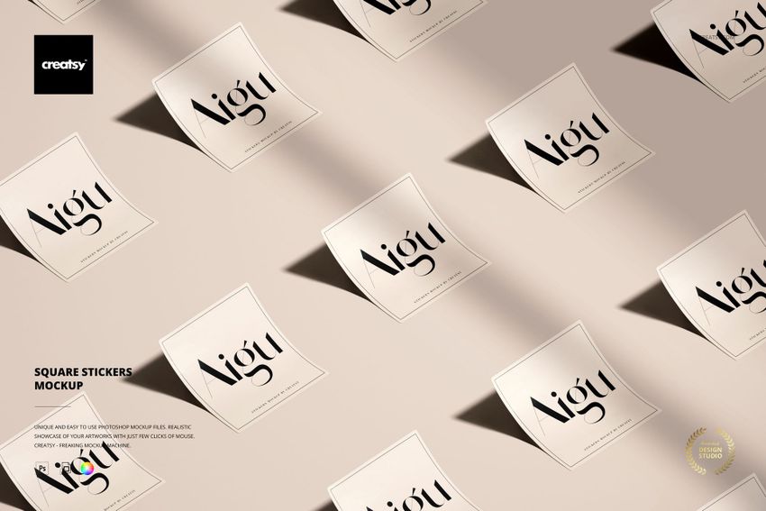 Multiple square stickers featuring simple black lettering scattered across a neutral background in a PSD mockup scene.