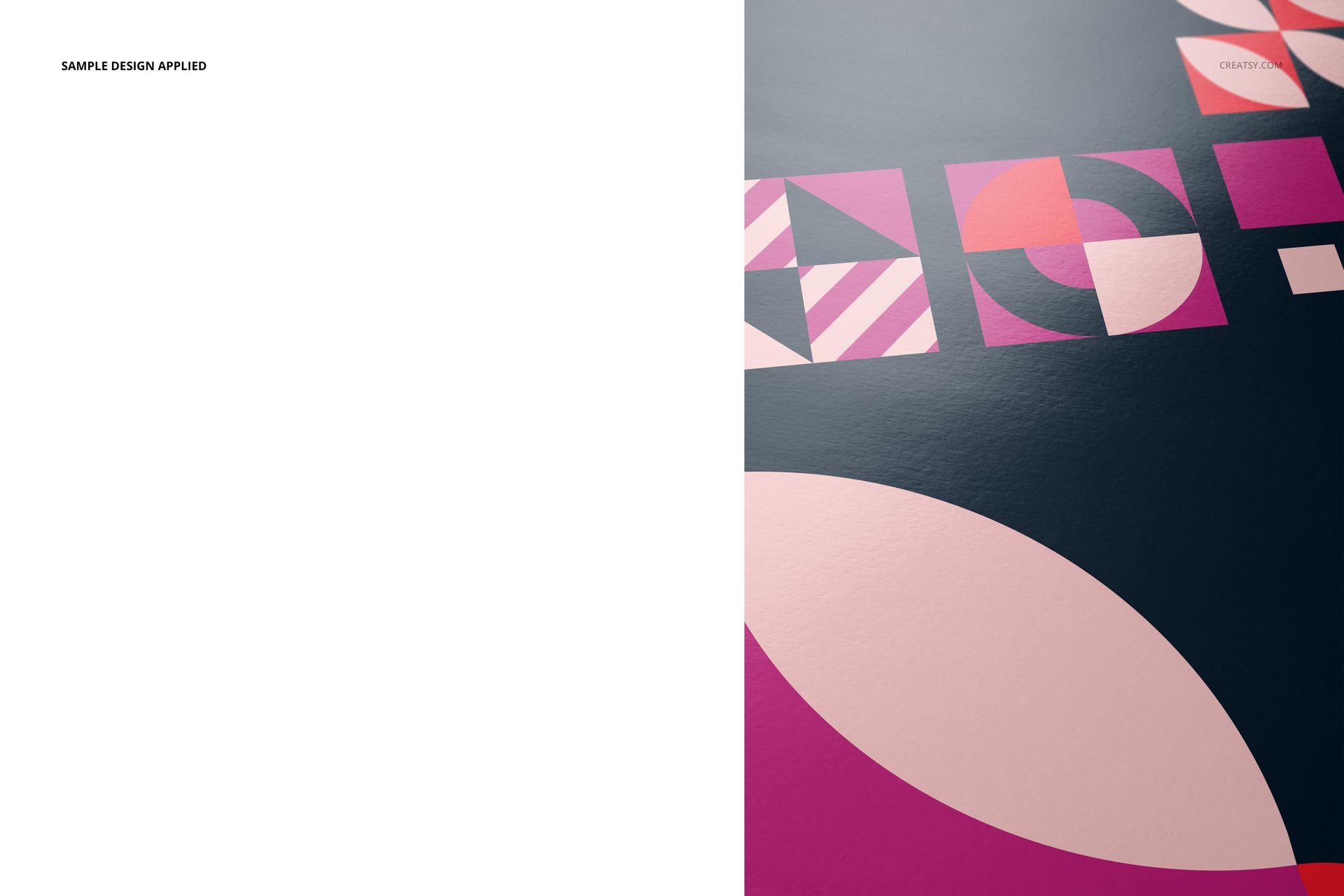 Close-up of a fine art print mockup featuring geometric shapes in pink and purple tones on glossy paper, top view.