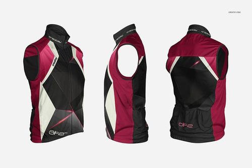 Cycling vest mockup with geometric black, burgundy, and white pattern shown from front, side, and back views.