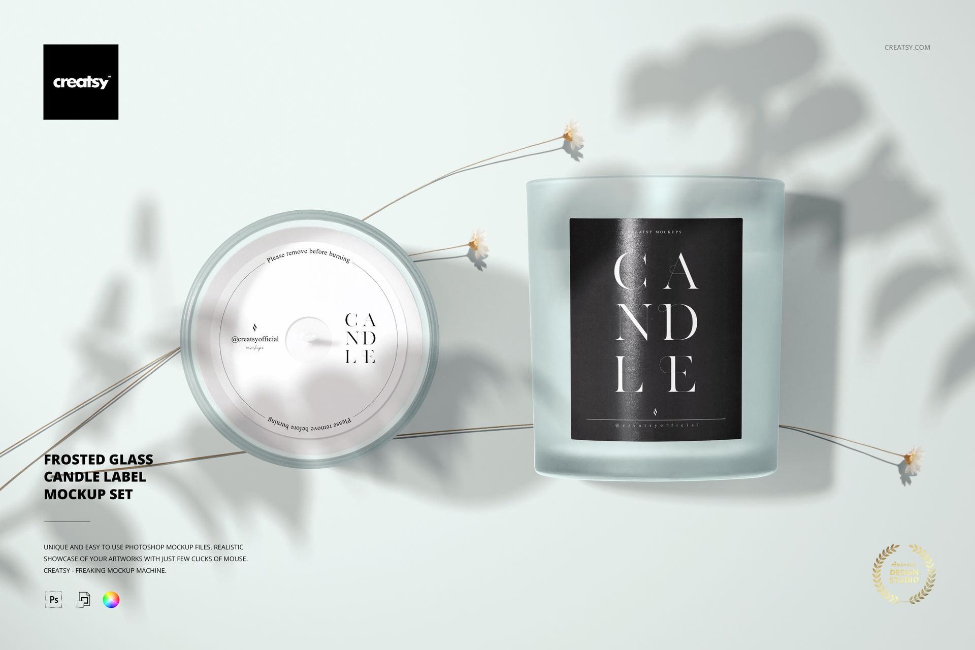 Frosted glass candle mockup set featuring a cylindrical candle jar and matching lid, shown in soft pastel blue tones.