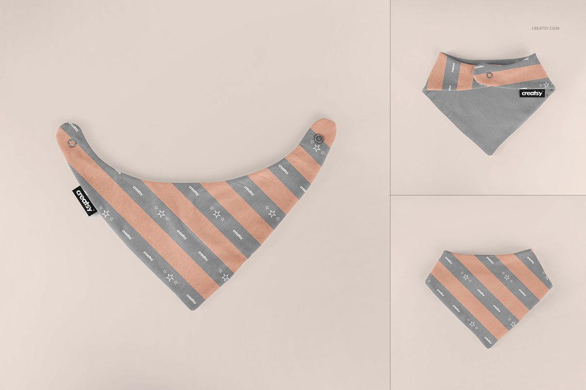 Bandana bibs in a mockup set displayed on a neutral background, featuring gray and peach stripes with small white stars.