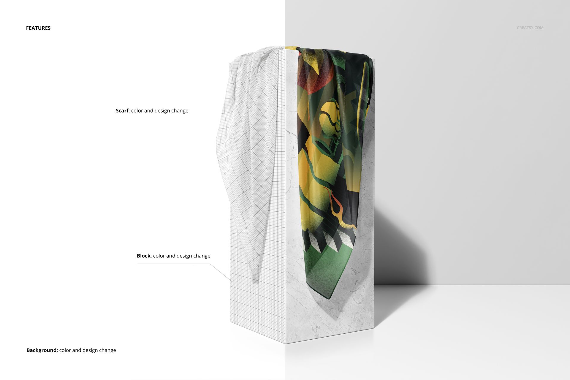 Silk scarf mockup displayed on a tall pedestal, half with grid overlay, half with vibrant design, studio setting.