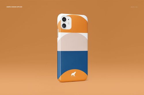 Front view of iPhone 11 glossy snap case mockup with abstract orange, white, and blue color blocks on a solid orange surface.