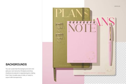 Stationery mockup featuring a pink spiral notebook, olive green planner, and pen on a light geometric surface.