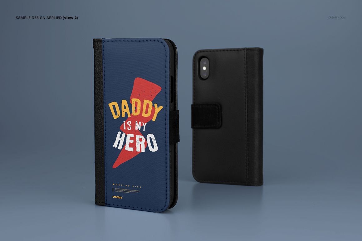 Foldable iPhone X case mockup featuring a blue front cover with colorful text and a black back cover, shown on a gray background.