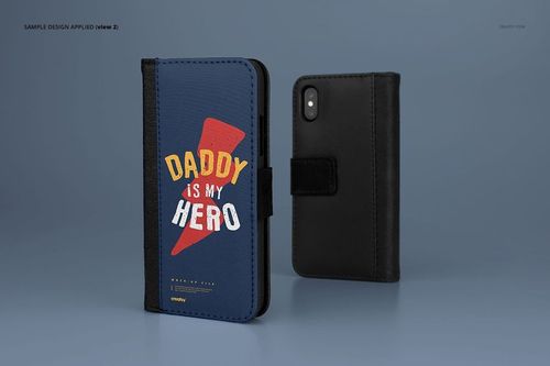 Foldable iPhone X case mockup featuring a blue front cover with colorful text and a black back cover, shown on a gray background.