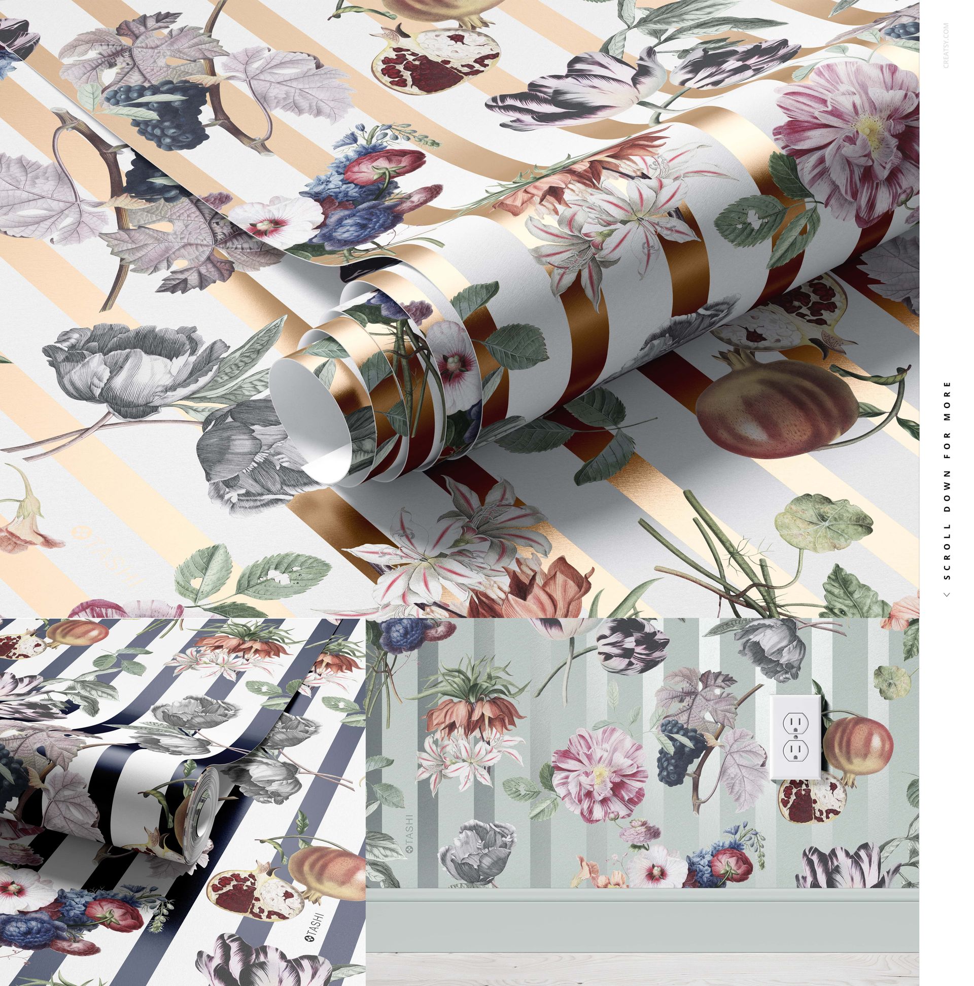 Floral and fruit patterned paper wallpaper mockup, featuring gold stripes and detailed botanical elements, front view.
