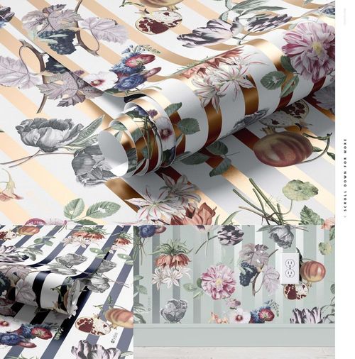 Floral and fruit patterned paper wallpaper mockup, featuring gold stripes and detailed botanical elements, front view.