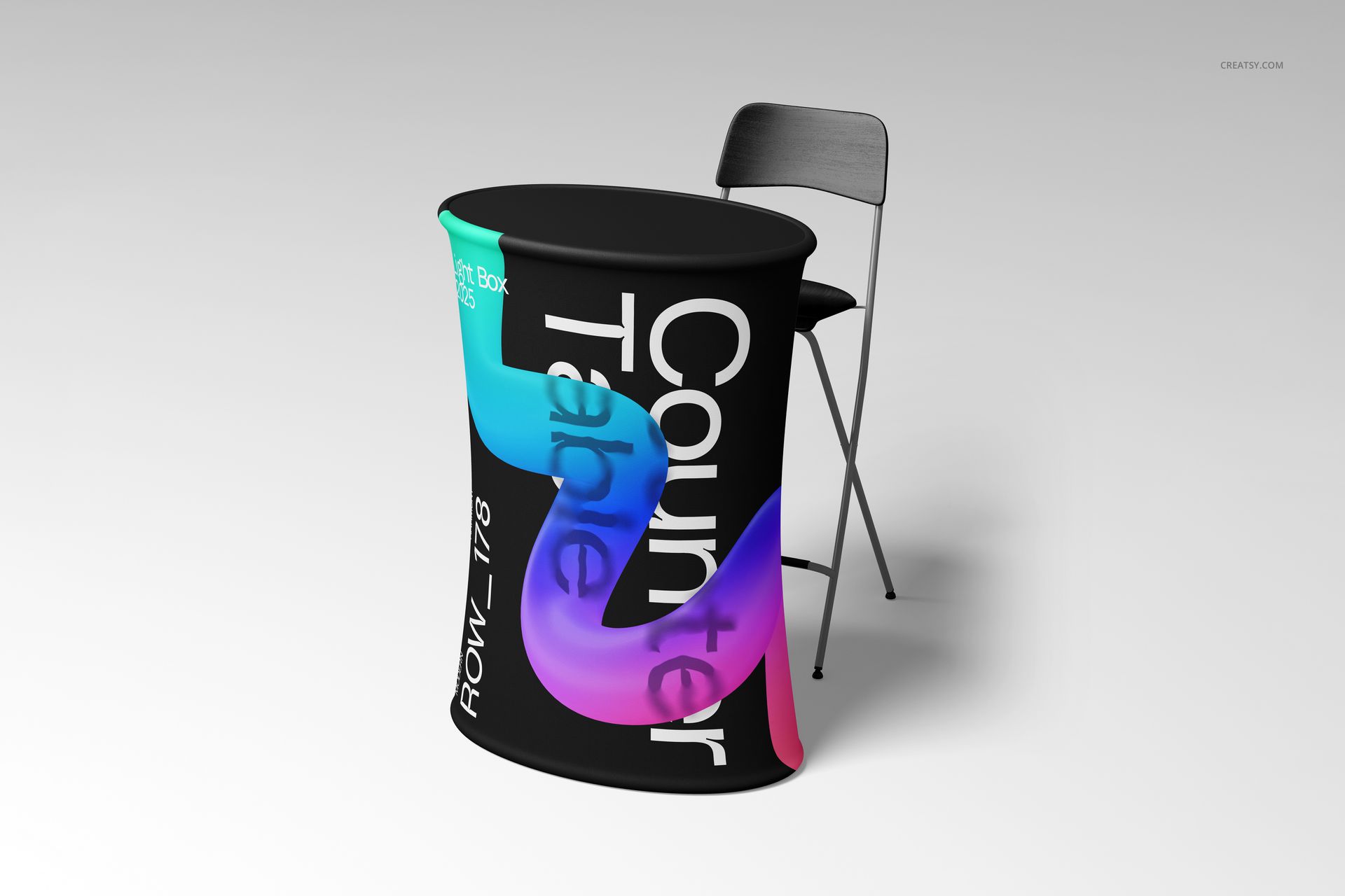 Elliptical pop-up counter mockup featuring vibrant blue and purple graphics, shown from the front with a black chair.