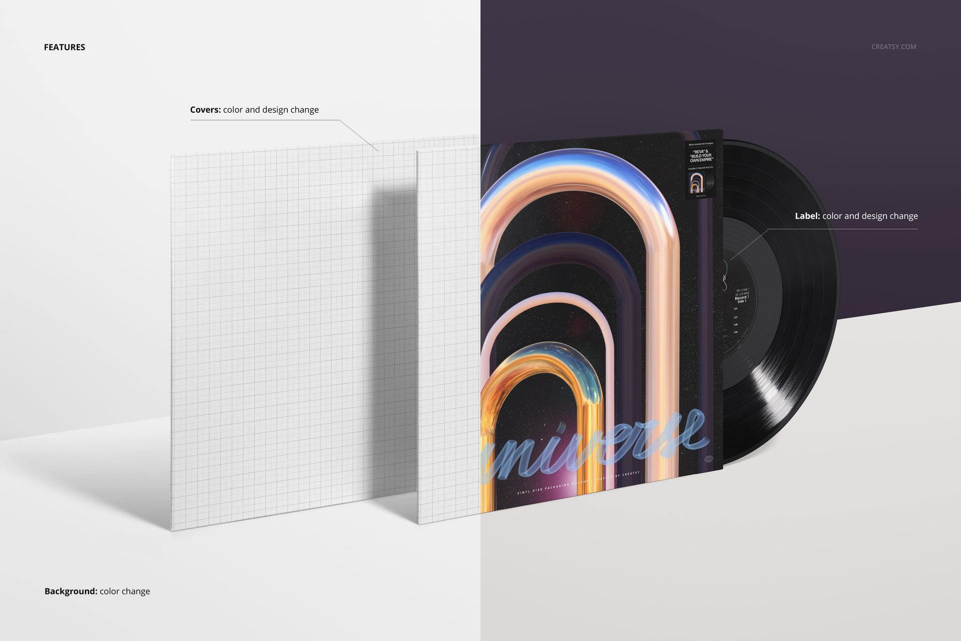 Angled view of vinyl record covers mockup featuring two square covers, one with a colorful arch design and one blank grid, with a black vinyl partially visible.