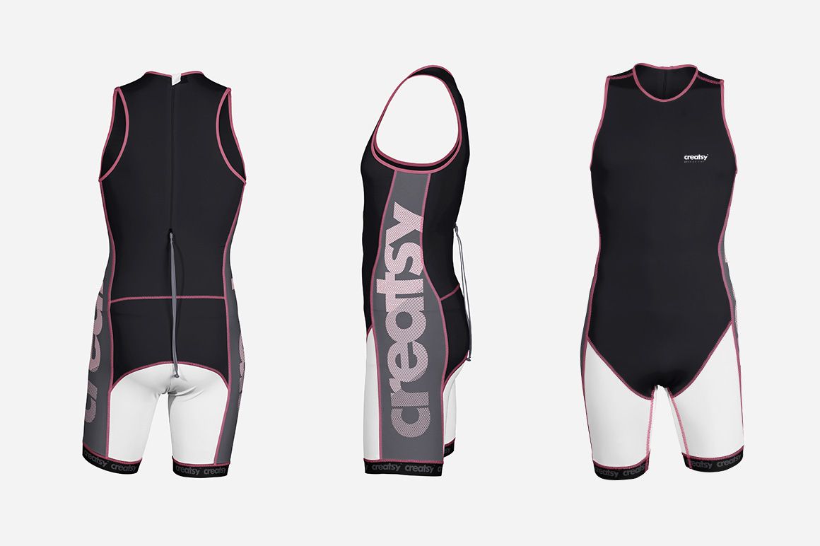 PSD mockup showing a trisuit from three angles, highlighting black and white color blocks and pink trim details.