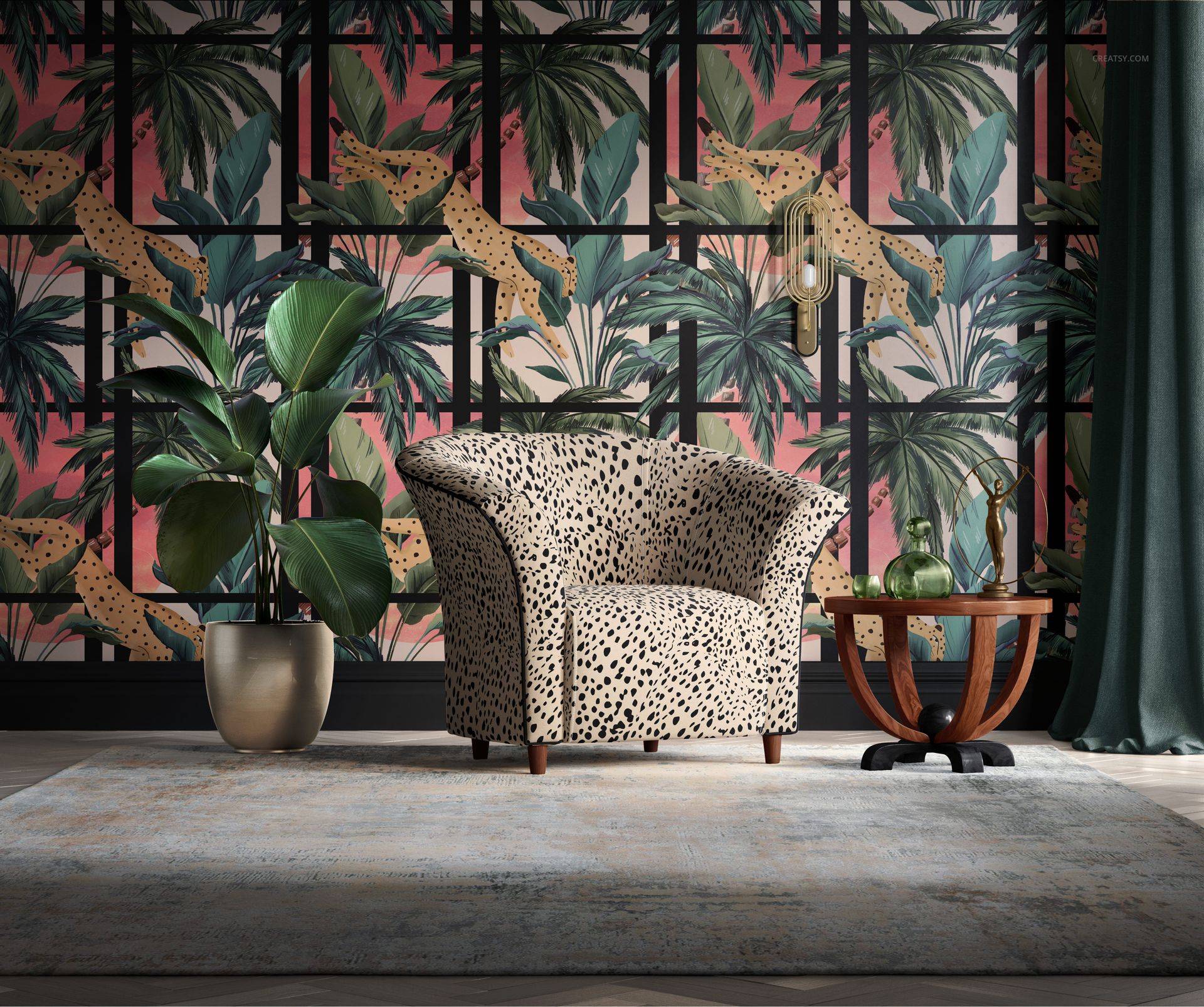 PSD mockup of a tub armchair featuring a dotted design, positioned on a rug with a leafy wallpaper and side table.