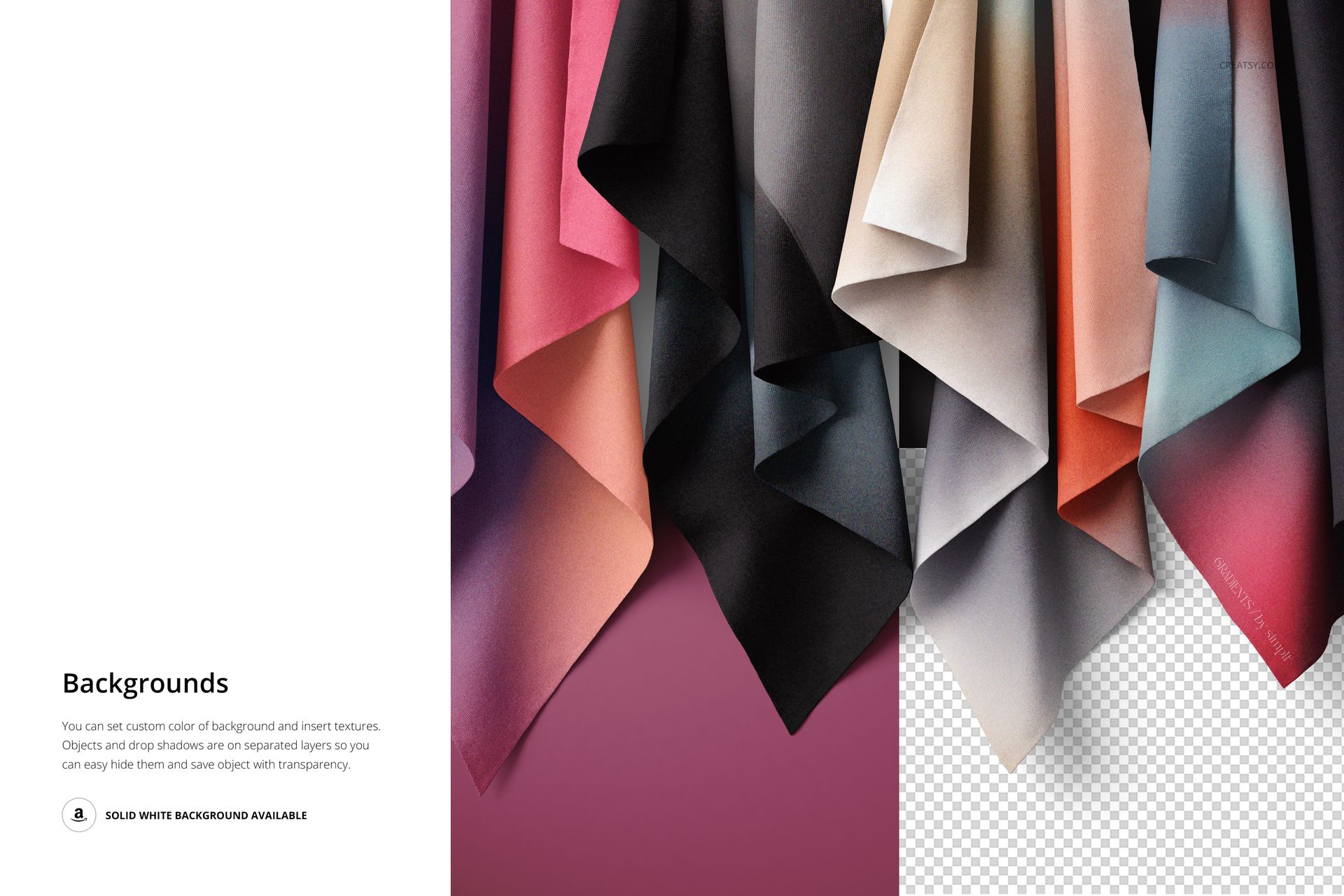 Multiple hanging fabrics in shades of pink, black, beige, and gray, presented in a PSD mockup with editable backgrounds.