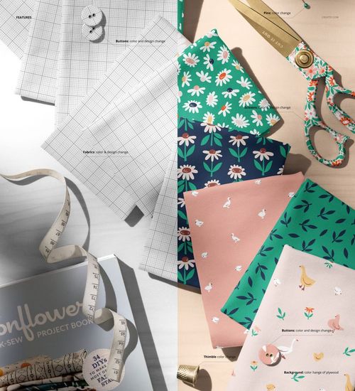 Folded jersey fabrics with floral and geometric patterns displayed on a table, surrounded by sewing supplies and scissors.