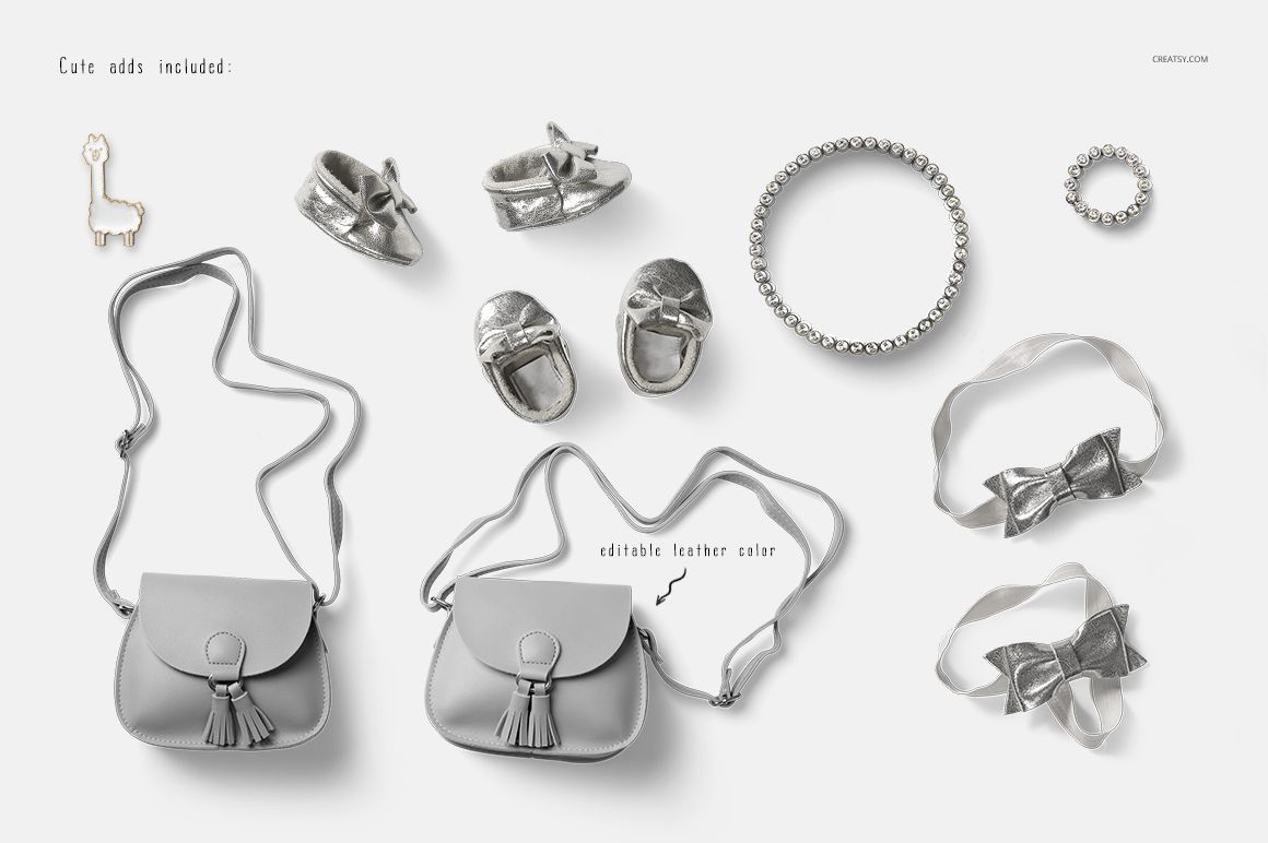 Baby dress mockup set featuring gray accessories including shoes, handbags, bows, and jewelry on a white background.