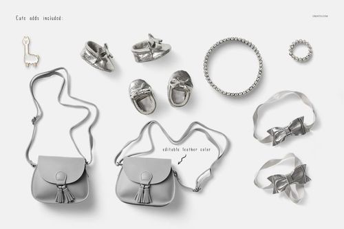 Baby dress mockup set featuring gray accessories including shoes, handbags, bows, and jewelry on a white background.