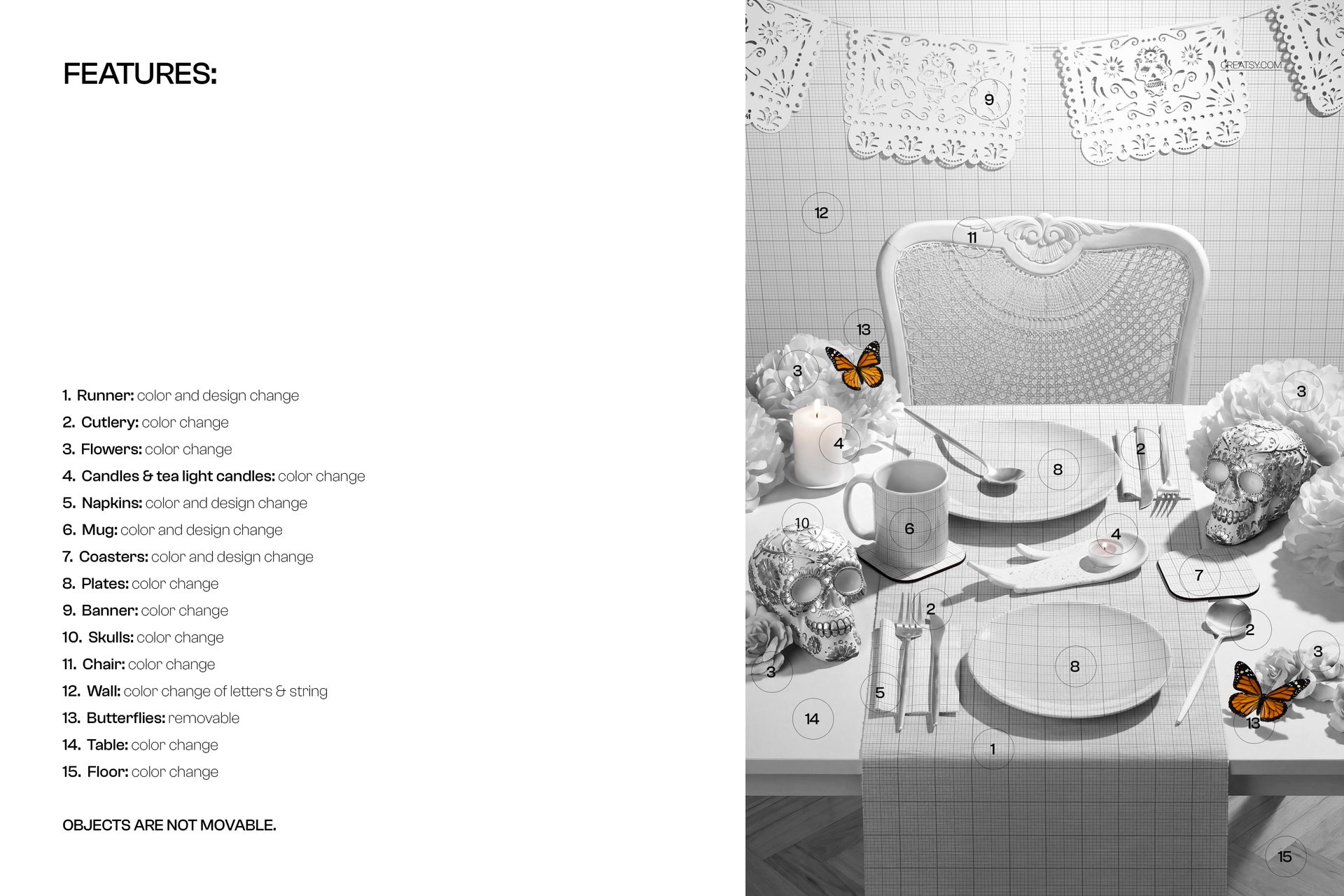 Day of the Dead table setting mockup showing plates, cutlery, mugs, candles, and festive decorations from a front view.