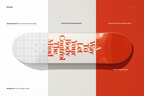 Skateboard deck mockup displayed from a top view, featuring a split red and white background and bold typography design.