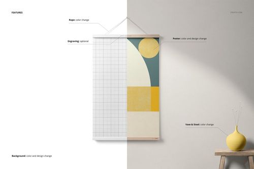 Wooden poster hanger mockup with half grid and half abstract geometric pattern, shown against a neutral wall background.