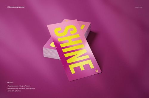 PSD mockup set featuring rectangular stickers with bold yellow lettering on a pink surface, viewed from above.