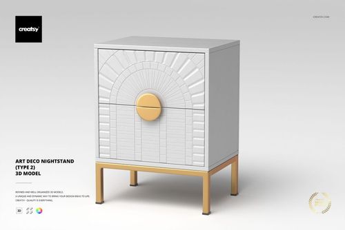 Art Deco nightstand with white geometric patterned front, gold circular handle, and gold legs, shown from the front.