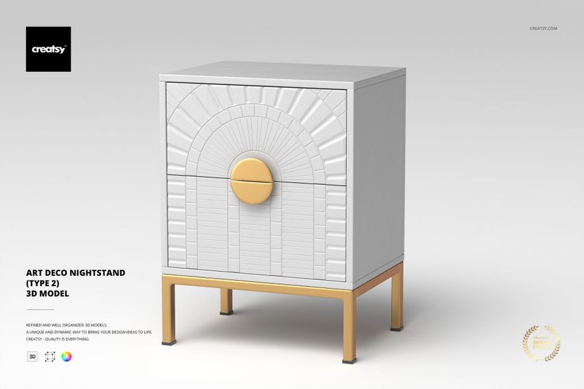 Art Deco nightstand with white geometric patterned front, gold circular handle, and gold legs, shown from the front.