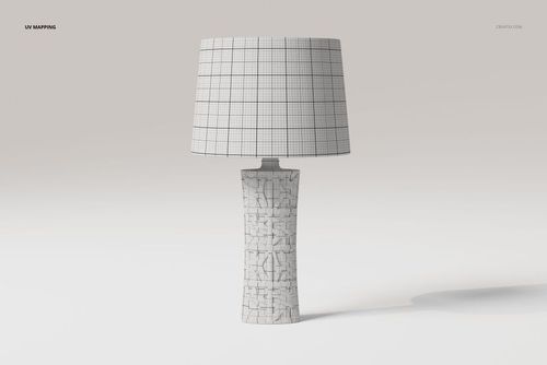 Front view of a decorative table lamp 3D model with a textured base and grid-patterned lampshade on a light background.