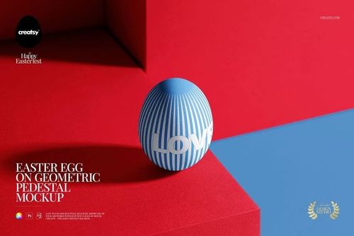 Blue and white striped Easter egg with bold text sits on a geometric pedestal, shown in a front view mockup scene.