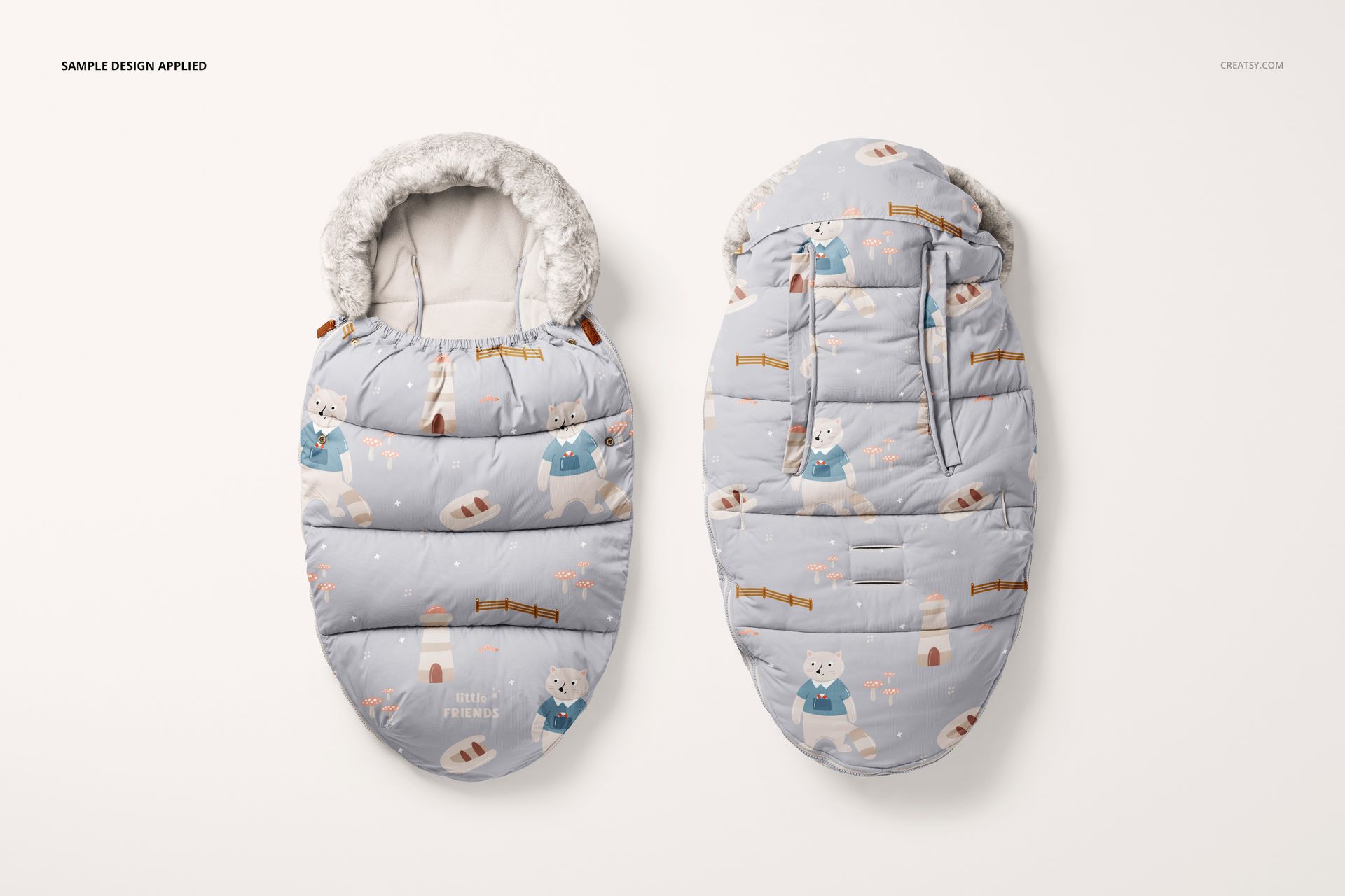 PSD mockup of kids' footmuffs displayed side by side, decorated with playful animal and fence illustrations in pastel colors.