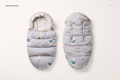 PSD mockup of kids' footmuffs displayed side by side, decorated with playful animal and fence illustrations in pastel colors.
