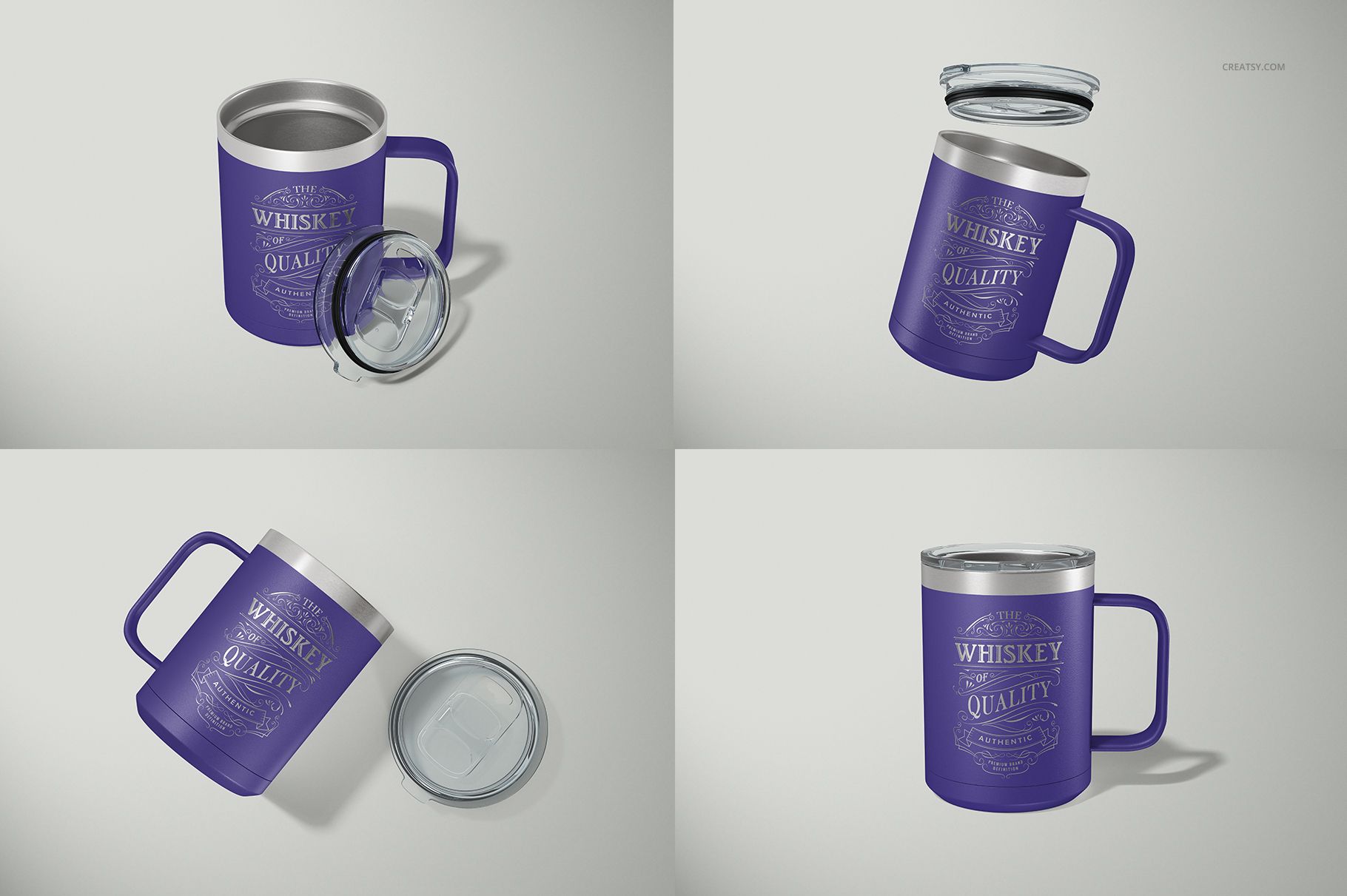 Four views of a 15 oz camp coffee mug mockup in purple with silver rim, shown with and without a clear lid on a light background.