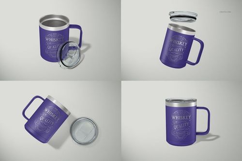 Four views of a 15 oz camp coffee mug mockup in purple with silver rim, shown with and without a clear lid on a light background.