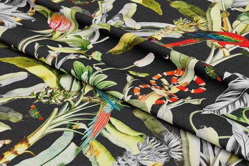 PSD mockup of textile fabric showing a detailed botanical and animal print in green, red, and yellow tones.
