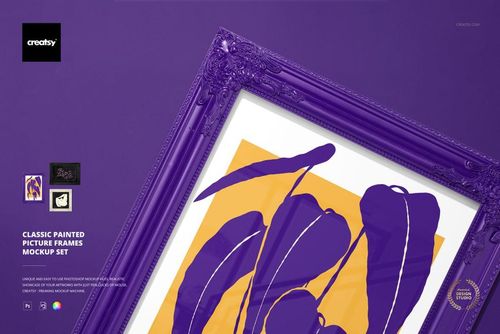 Close-up of a decorative purple picture frame mockup featuring bold abstract artwork in yellow and purple tones.