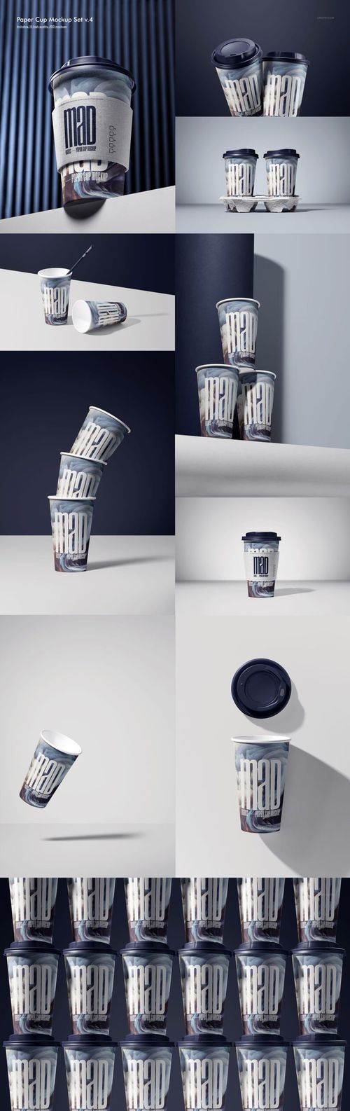 Paper cup mockup bundle with several cups in different layouts, including top view and close-up, on minimalist surfaces.