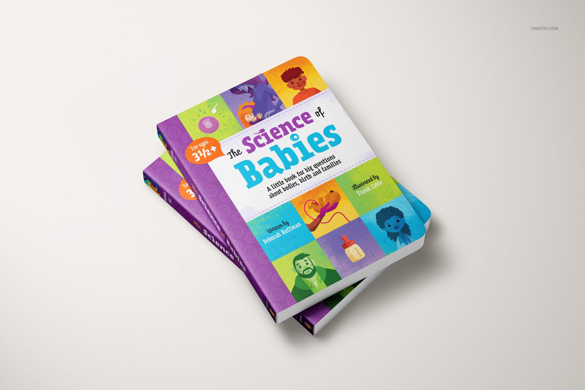 PSD mockup of board books with bright, illustrated covers, presented at a slight angle on a neutral tabletop.