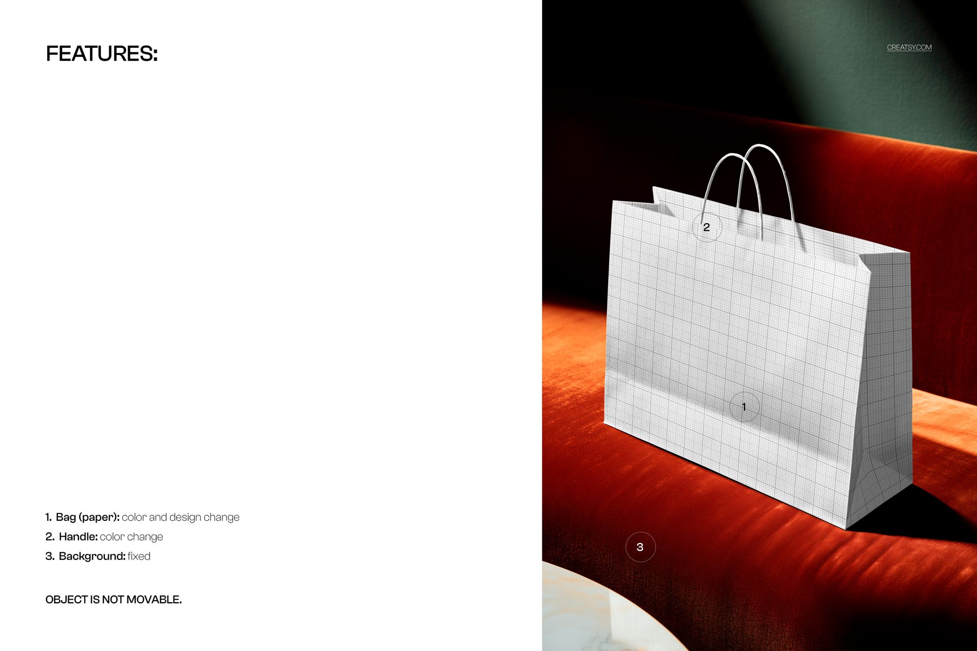 Shopping bag mockup with grid pattern placed on an orange velvet sofa, shown in angled side view with dramatic lighting.