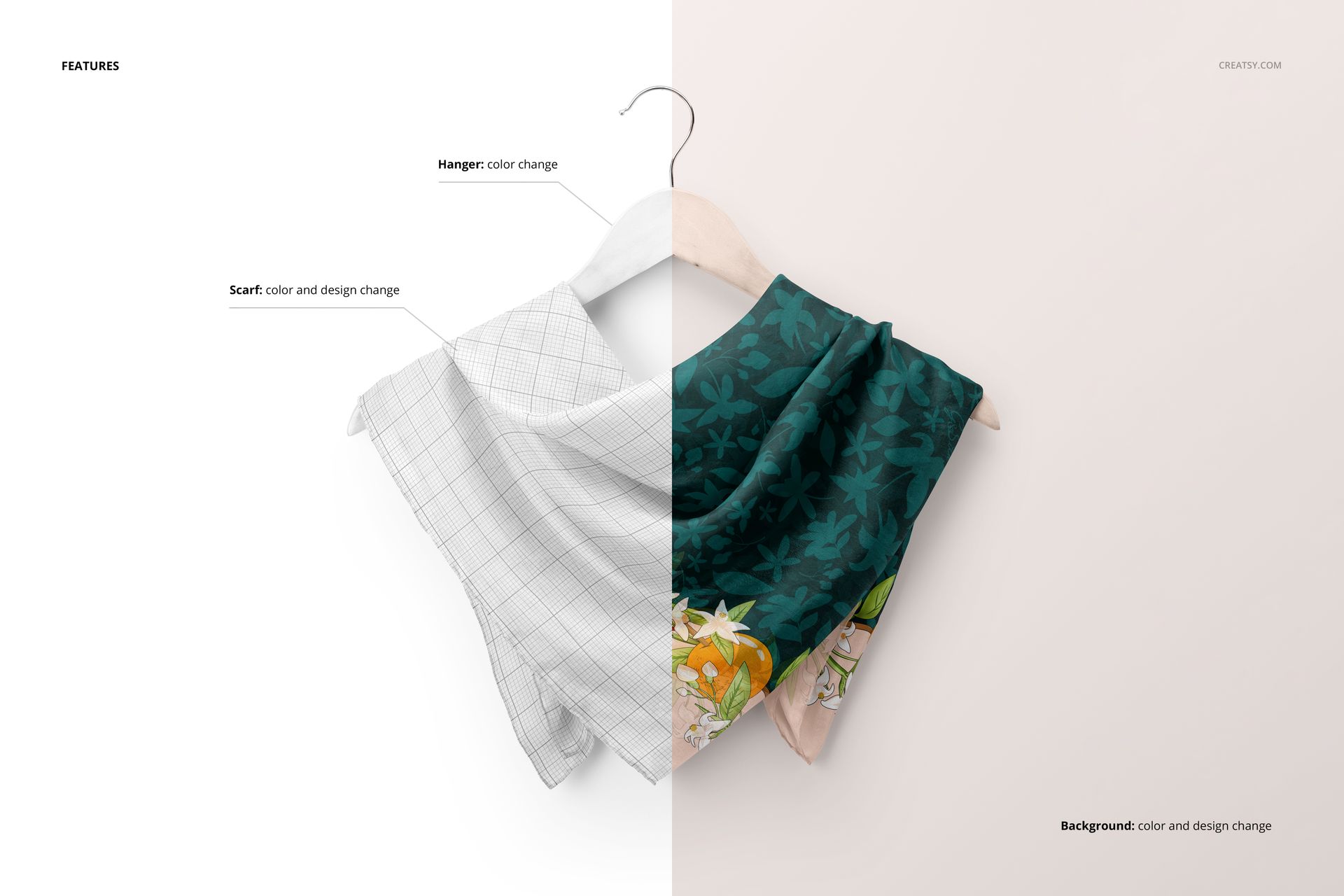 Front view of a habotai silk scarf mockup on a wooden hanger, showing split design with grid and floral patterns.