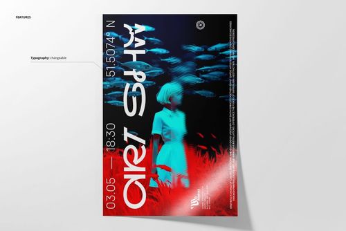 Front view of a vertical poster mockup with surreal blue and red graphics, including fish and stylized text details.