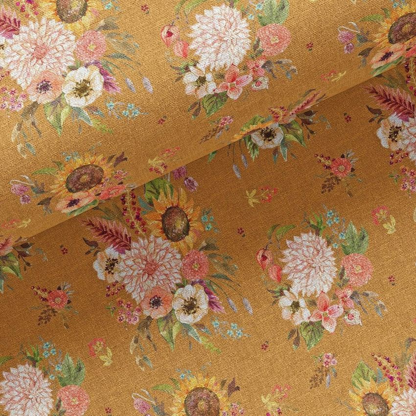 Fabric tester mockup featuring two overlapping fabric pieces with a detailed floral pattern on a mustard yellow background.