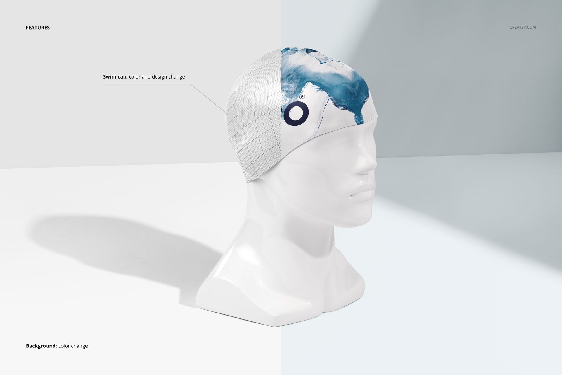 Swim cap mockup displayed on a white mannequin head, featuring a split design with grid pattern and blue artwork.