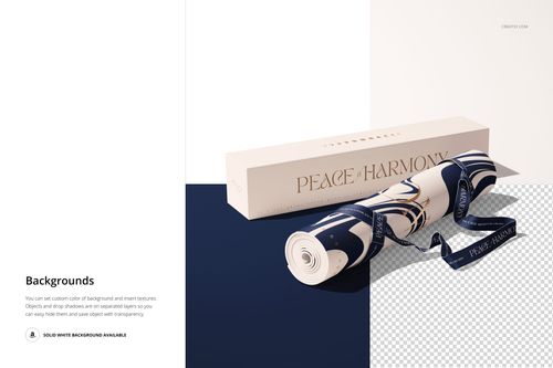 Yoga mat mockup featuring a rolled mat with geometric blue and cream design, ribbon, and branded packaging.