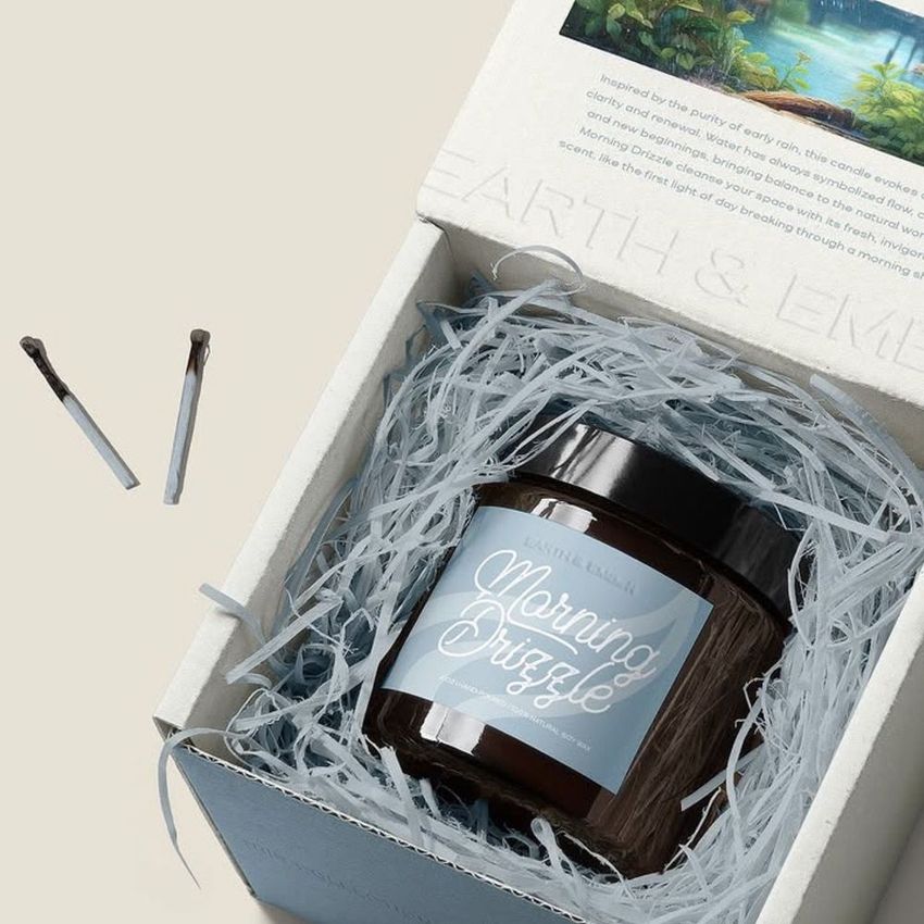 Amber jar candle mockup displayed in an open box with shredded paper filler, accompanied by two burnt matches on a beige surface.