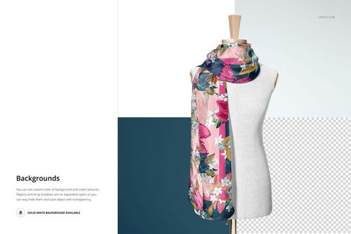 Habotai silk scarf mockup featuring a colorful floral design displayed on a mannequin with a multi-tone backdrop.