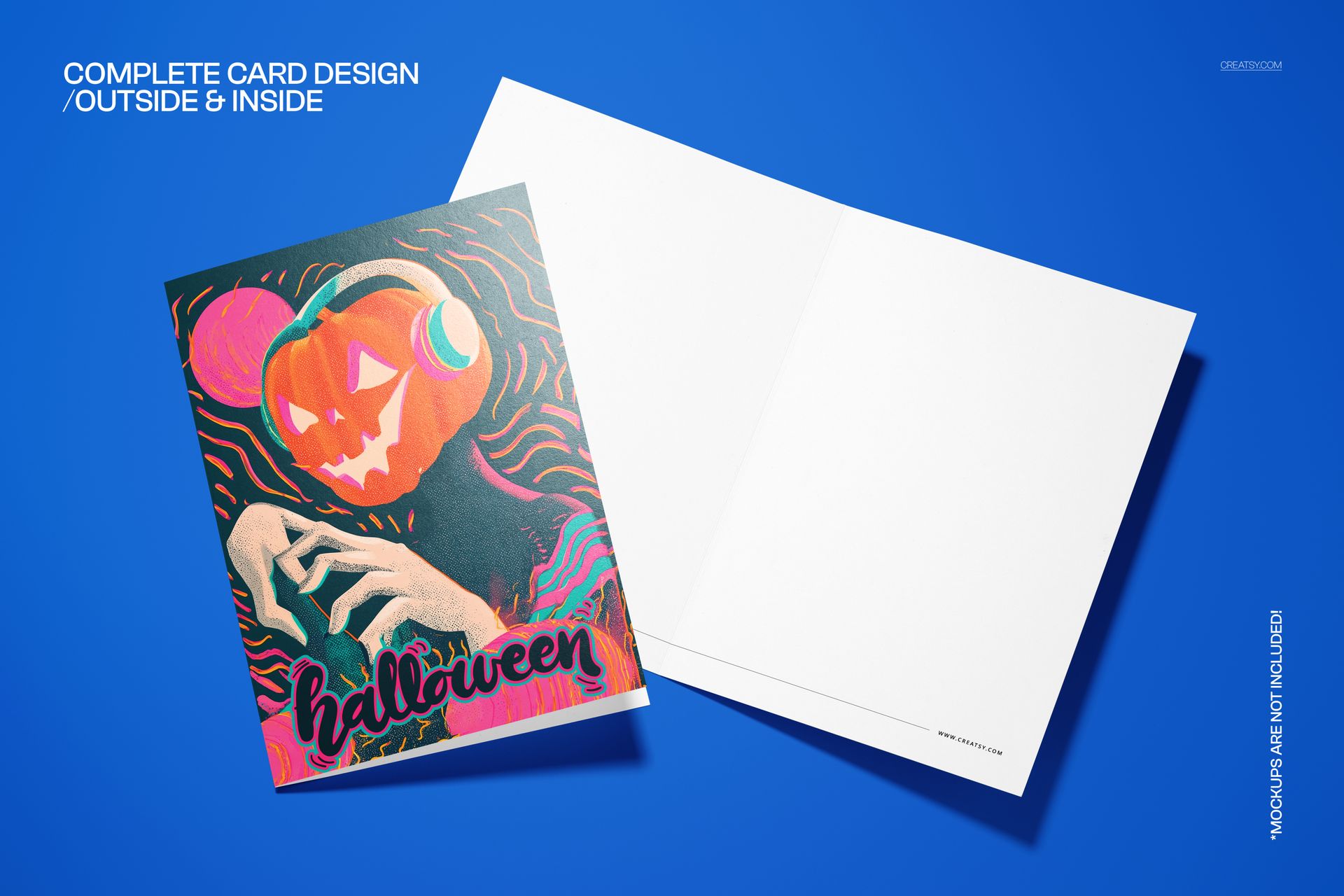 Halloween card mockup showing a colorful pumpkin-headed DJ design, with the inside of the card blank and unfolded.
